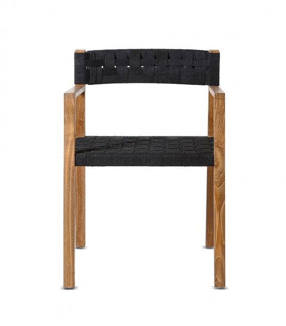 Silla rústica de teca reciclada con asiento y respaldo de cuerda negra